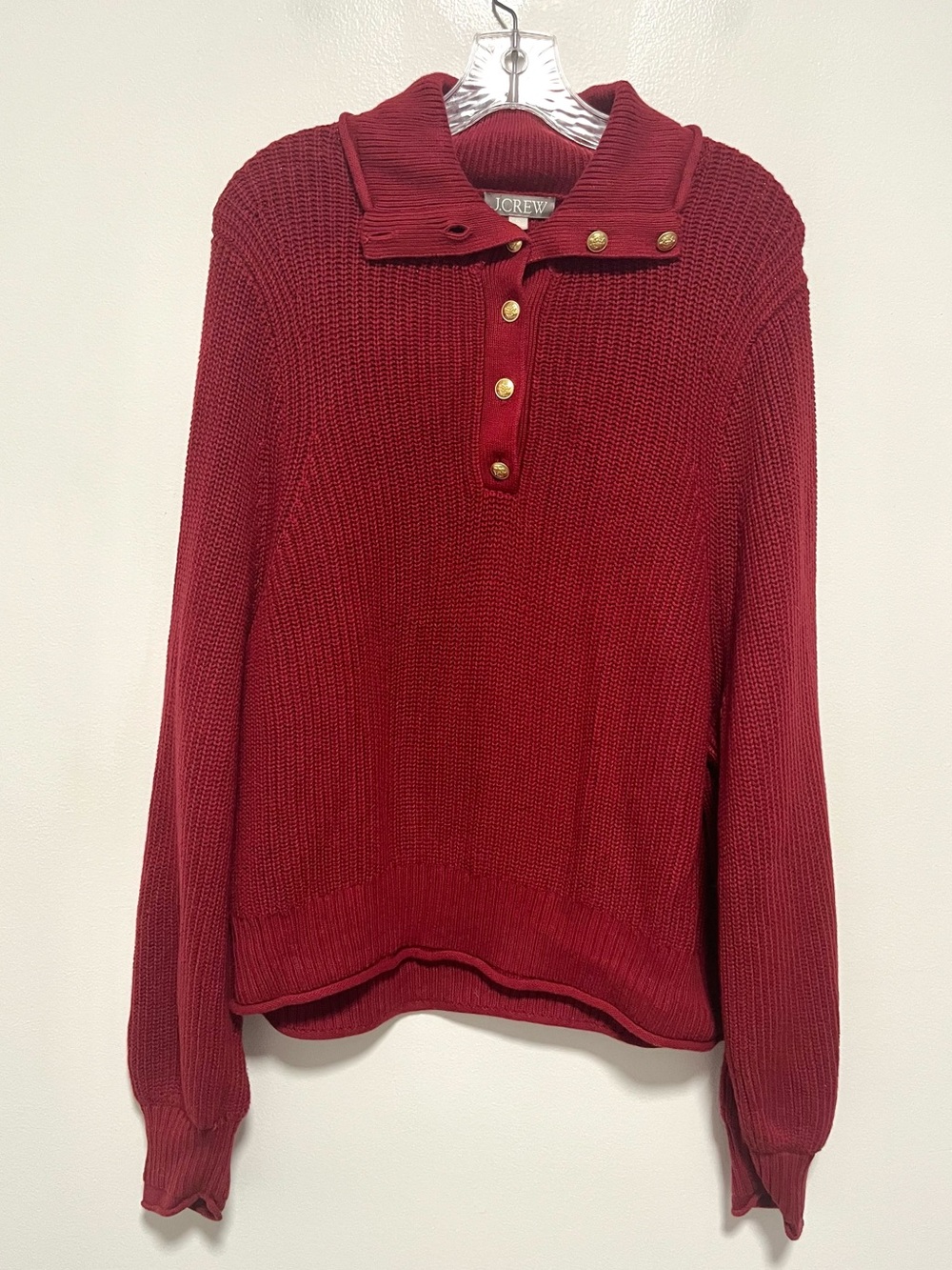 J Crew Ribbed Chunky Gold Button Collar Sweater Red Preppy Dark Academia XL